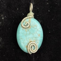 Turquoise Color Dyed Howlite Wire Wrapped Pendant Silver Tone