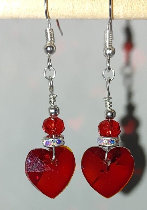 Valentine Heart Briolette Rhinestone Silver Plated Fishhook Earrings