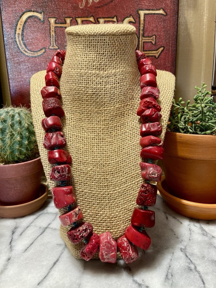 Genuine Red CORAL VERTEBRAE BRANCHES & TURQUOISE Necklace- Sterling Silver Clasp
