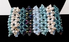 Handmade Bracelet GLASS BEADS AQUA BLUE TURQUOISE PEACOCK BEIGE 2 Inches Stretch