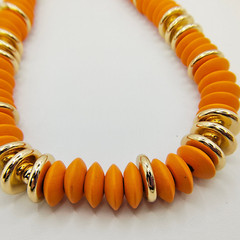 Boho Wood Disc Bead Statement Necklace Set of 2 Orange Turquoise Color Gold Tone