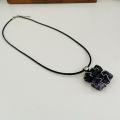 Amethyst and Black Tourmaline Wired Wrapped Crystal Pendant Black Cord Necklace