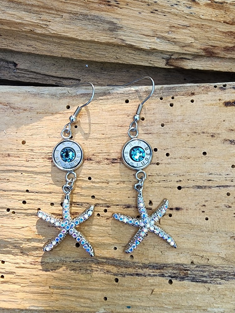 Starfish Bullet Earrings with 9 mm or 45 Auto Bullets. Optional Crystals