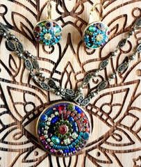 MICHAL GOLAN Multi Colo Gold Tone Necklace & Earrings Set 1.5″ Pendant WOW!