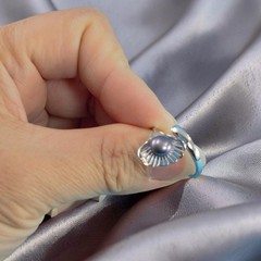 Solid Silver .925 Black-Gray Freshwater Pearl Shell-Style Adjustable Ring