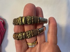 Pair Of Handmade Mixed Metal (Silver, Brass & Coper) Leather Trim Cuff Bracelets