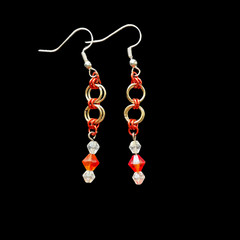 Orange & Clear Swarovski Crystals w/Silver Tone Rings Earrings, 2.25 in.