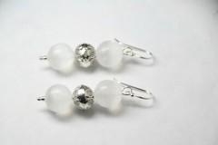 Selenite Earrings White 10mm Ball Natural Gemstone .925 Sterling Silver 1 3/4″