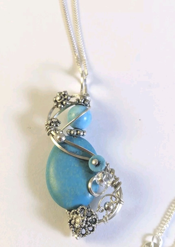 Solid sterling Silver Hand Wire Wrapped Turquoise Pendant Necklace 18″