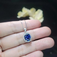 Halo Blue Sapphire Necklace – Oval 2 CT Royal Blue Gemstone Pendant – Gemstone