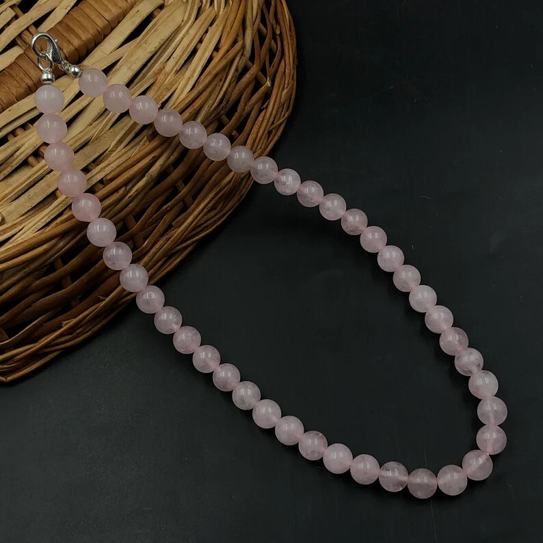 Natural Rose Quartz 8mm Round Shape Beaded Gemstone Handmade Unisex Necklace