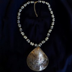 Mother of Pearl Floral Pendant Necklace White Gray Picasso Jasper Artisan