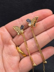 LuoDian Butterfly Tassel Earrings,Natural Purple MOP Zircon Gold Plated Long Dan