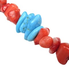 Natural Turquoise and Red Coral Chip Necklace 24 Inch Toggle Closure Hand Made