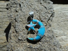 Crescent Moon Star Sterling Silver 925 Turquoise Gemstone & Opal Pendant NEW D40