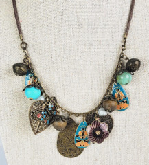 Bohemian Charm Necklace Brass-Tone Brown Cord Multicolor Enamel 18.5 in