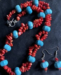 Toggle Clasp Handmade Turquoise/ Red Coral Necklace & Dangling Earring Set 1980s