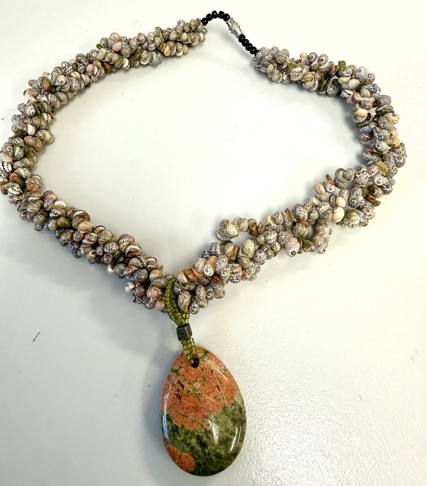 Boho Shell Necklace Unakite Stone Pendant Artisan Beach Statement Necklace