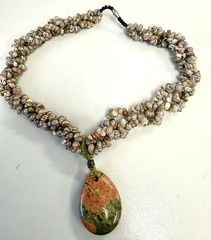 Boho Shell Necklace Unakite Stone Pendant Artisan Beach Statement Necklace