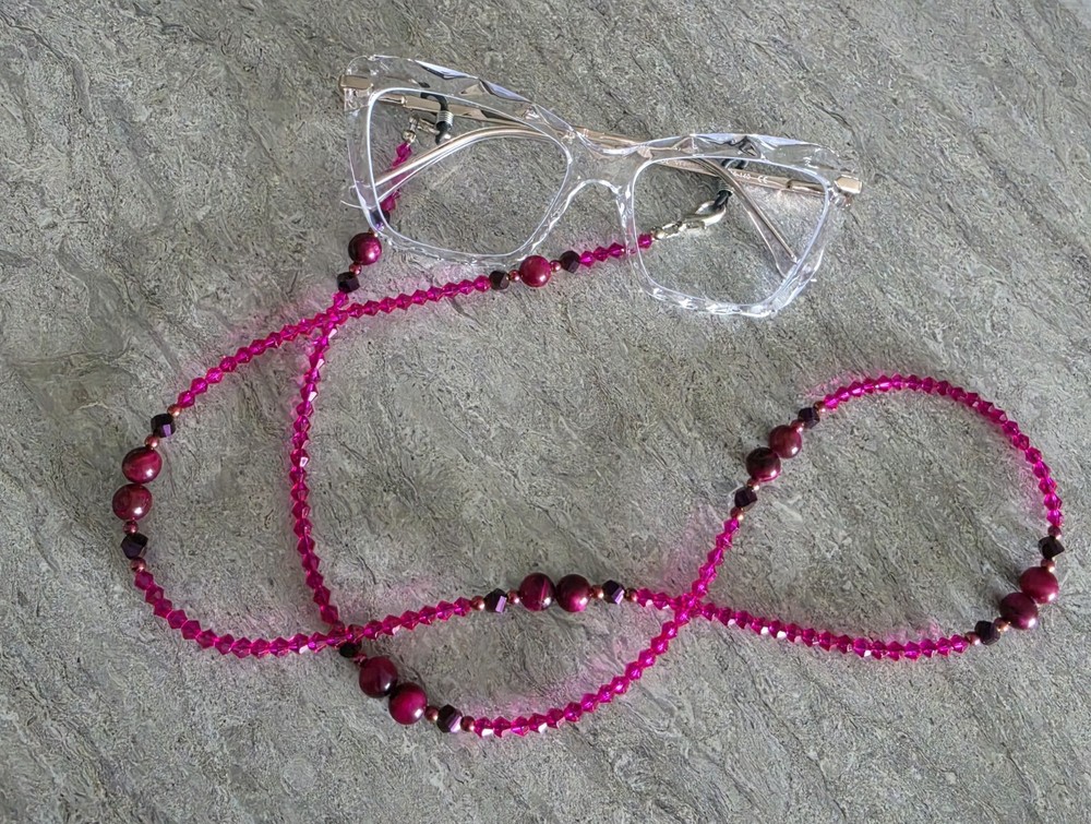 Hot Pink Beaded Tiger Eye Crystal Lanyard Holder Strap Sunglasses Eyeglass Mask