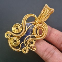 Natural Sodalite Gold Plated Handmade Pendant Wire wrapped Jewelry 2.38 Inch