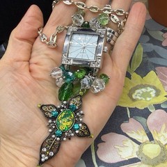 Adorned Crown Jewelry assemblage crystal glass bead watch cross green necklace