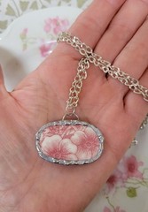 Broken China Red Floral Transferware Soldered Pendant Necklace