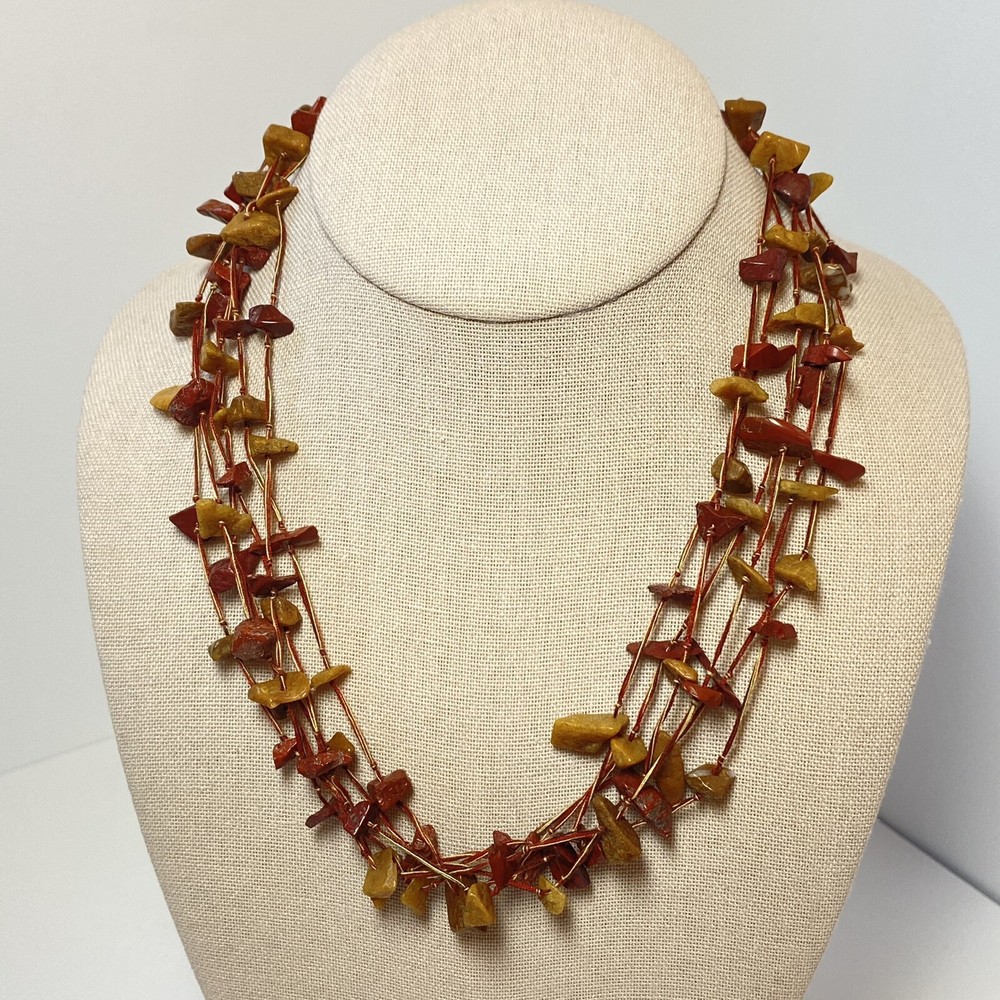 Vintage Red Yellow Jasper Chip Hand Knotted 6 Strand Thread Necklace 18.5″