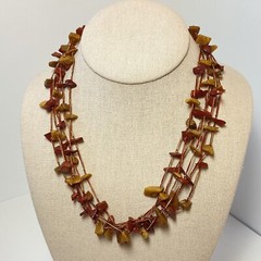 Vintage Red Yellow Jasper Chip Hand Knotted 6 Strand Thread Necklace 18.5″