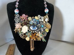 *SALE*Vintage Victorian Flower Antique Eye Rhinestone Collage Statement Necklace