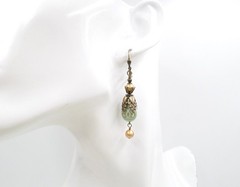 Antique Brass Victorian Style Earrings, Mint Green and Gold Acrylic Bead Jewelry