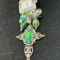 Adorned Crown Jewelry assemblage crystal glass bead watch cross green necklace